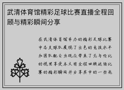 武清体育馆精彩足球比赛直播全程回顾与精彩瞬间分享